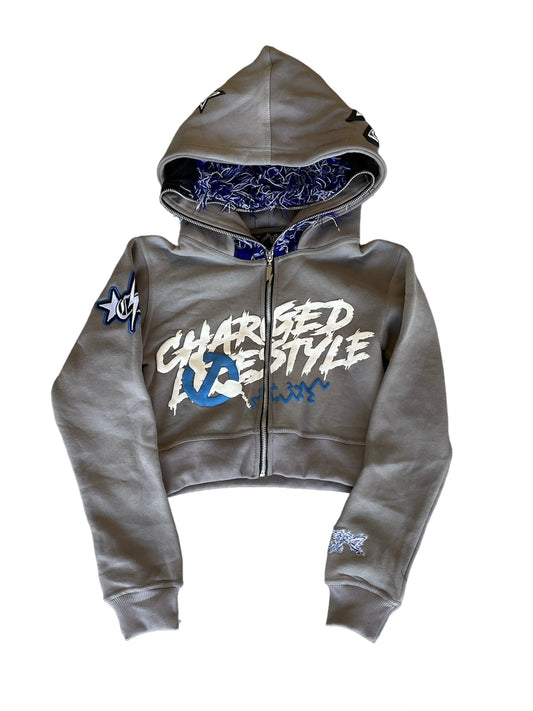 CLC DISCONNECTED GREY/BLUE CROPPED HOODIE