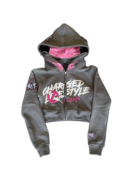 CLC DISCONNECTED GREY/PINK CROPPED HOODIE